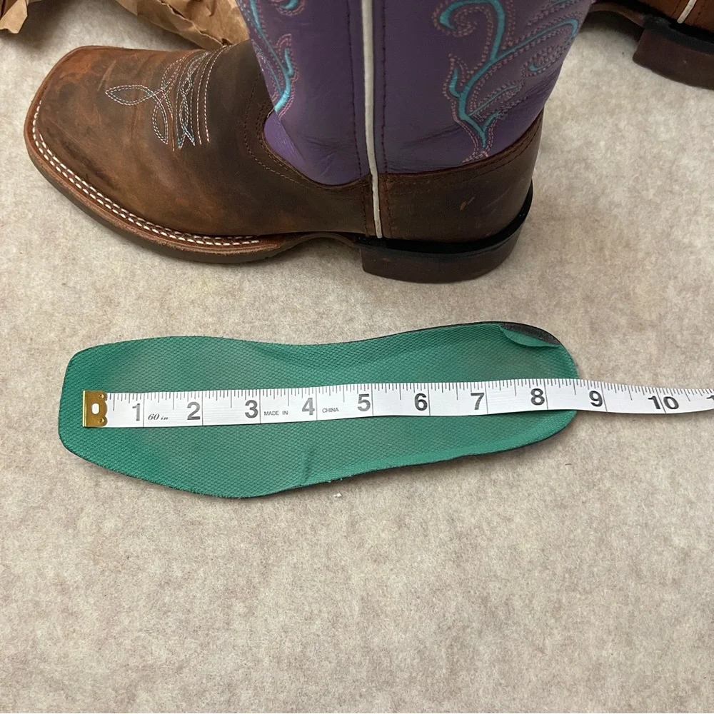 Old West Squared Toe Brown Purple Leather  Cowgirl Western Boots Girls Size 2